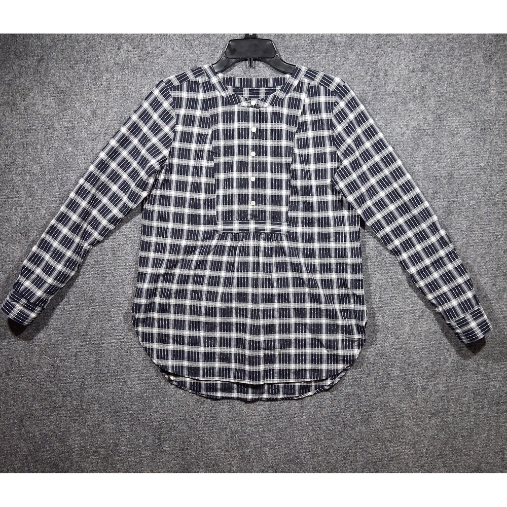 LOFT Navy Blue White Plaid Dobby Button Down Blouse Womens Small 482635